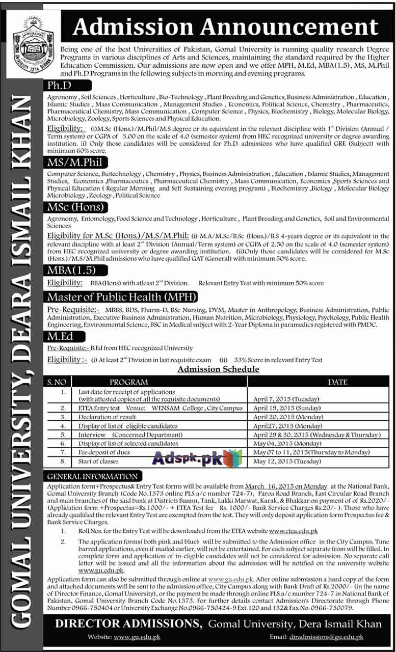 Admissions Open 2015 in Gomal University Dera Ismail Khan for PhD, MS, M.Phil, M.Sc (Hons) MBA (1.5 Year) MPH, M.Ed, Last Date 07-04-2015 Apply Now