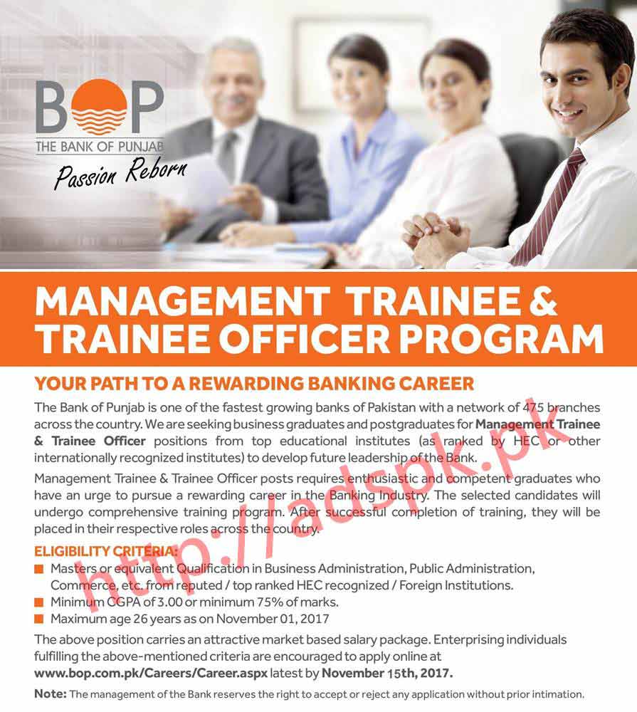 BOP Management Trainee & Trainee Officer Program 2017-2018 Eligibility Graduates Jobs Application Form Deadline 15-11-2017 Apply Online Now by Bank of Punjab