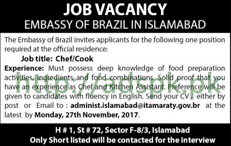 Brazil Embassy Islamabad Jobs 2017 Chef Cook Jobs Application Deadline 27-11-2017 Apply Online Now