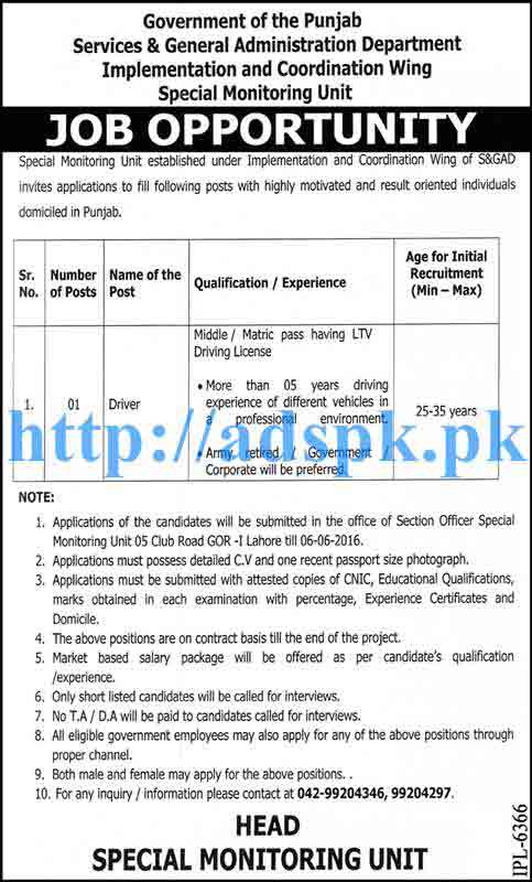 Career Jobs Special Monitoring Unit S&GAD Department Lahore Jobs for Driver Deadline 06-06-2016 Apply Now