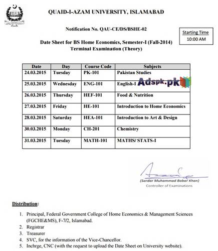 Date Sheet for BS Home Economics Semester-I (Fall-2014) Terminal Examination Theory Dated from 24-03-2015 to 31-03-2015 by Quaid-I-Azam University Islamabad
