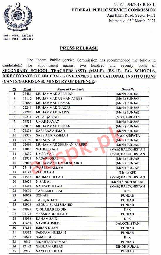 FPSC SST Male Final Recommendation Results F.4-194-2018-R Secondary School Teacher for FG Schools Results Updated on 05-03-2021 by FPSC Islamabad