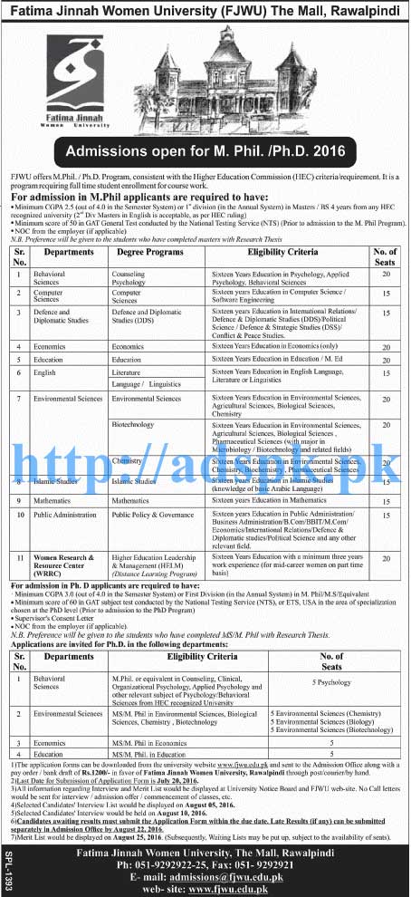 Fatima Jinnah Women University Rawalpindi Admissions Open 2016 for M.Phil and PhD Programs Applications Deadline 20-07-2016 Apply Now