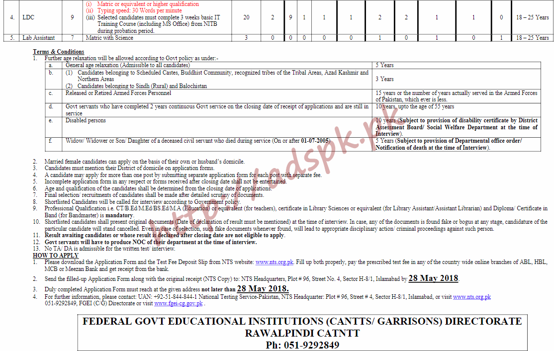 Federal Government Educational Institutions Cantts Garrisons Directorate Rawalpindi Cantt Jobs NTS Written Test MCQs Syllabus Paper Elementary School Teacher EST LDC 2