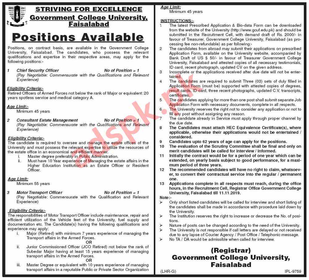 Government College University Faisalabad GCUF Jobs 2019 for Chief Security Officer Consultant Estate Management Motor Transport Officer Jobs Application Form Deadline 11-11-2019 Apply Now