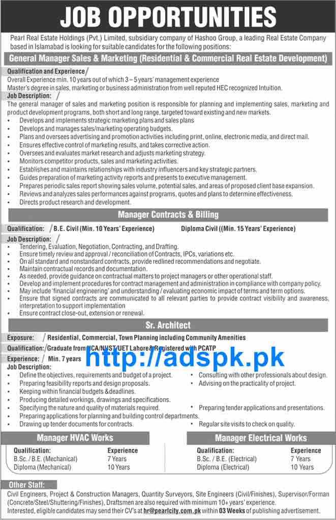 How to Apply Jobs of Pearl Real Estate Holdings Pvt. Ltd Jobs 2015 for General Manager Sales & Marketing Civil Engineers Electrical Engineers and other Technical Staff Last Date 27-09-2015 Apply Now