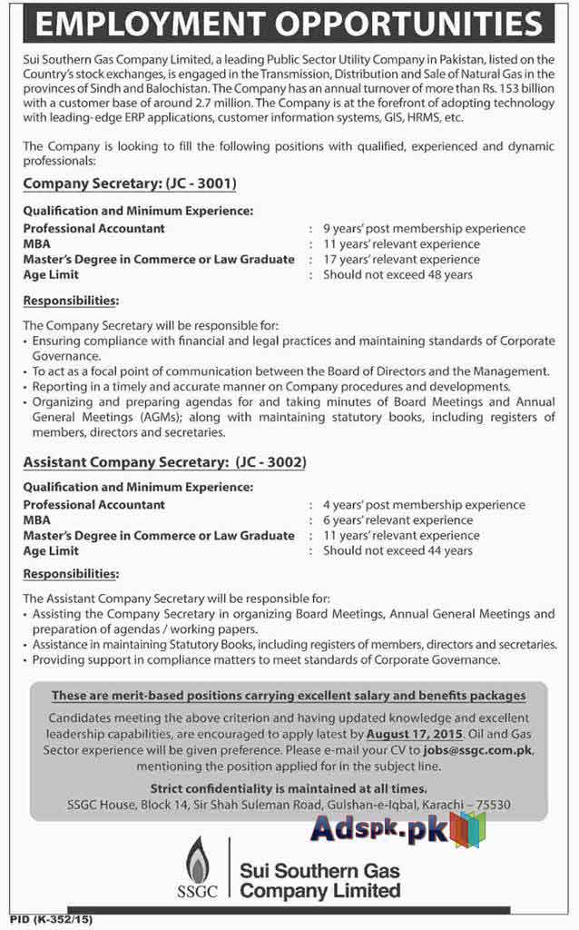 How to Apply Jobs of Sui Southern Gas Company Limited Karachi Pakistan Jobs 2015 for Company Secretary (JC-3001) Assistant Company Secretary (JC-3002) Last Date 17-08-2015 Apply Online Now Sponsored by Daily Dawn