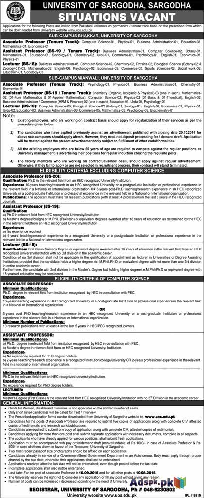 How to Apply Jobs of University of Sargodha (Bhakkar Mianwali Campus) Jobs 2015 for Lecturers Assistant Professors Associate Professors with Eligibility Criteria Last Date is 10-08-2015 Apply Now