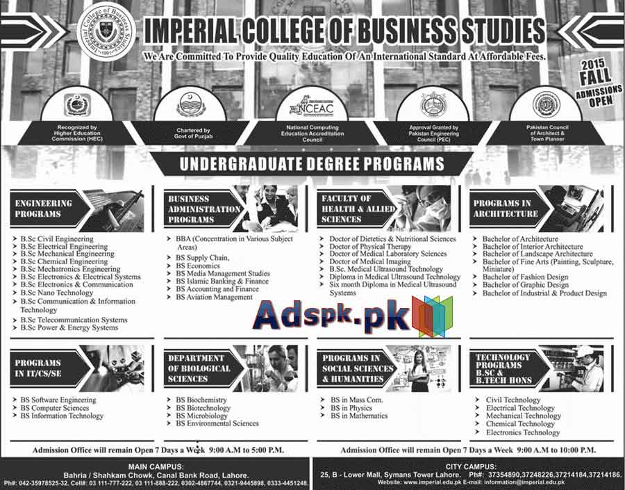 Imperial College of Business Studies Lahore Admissions Open Fall 2015 for Undergraduate Degree Programs Apply Now Admission Office will Remain Open 07 Days a Week Sponsored by Daily Jang Newspaper