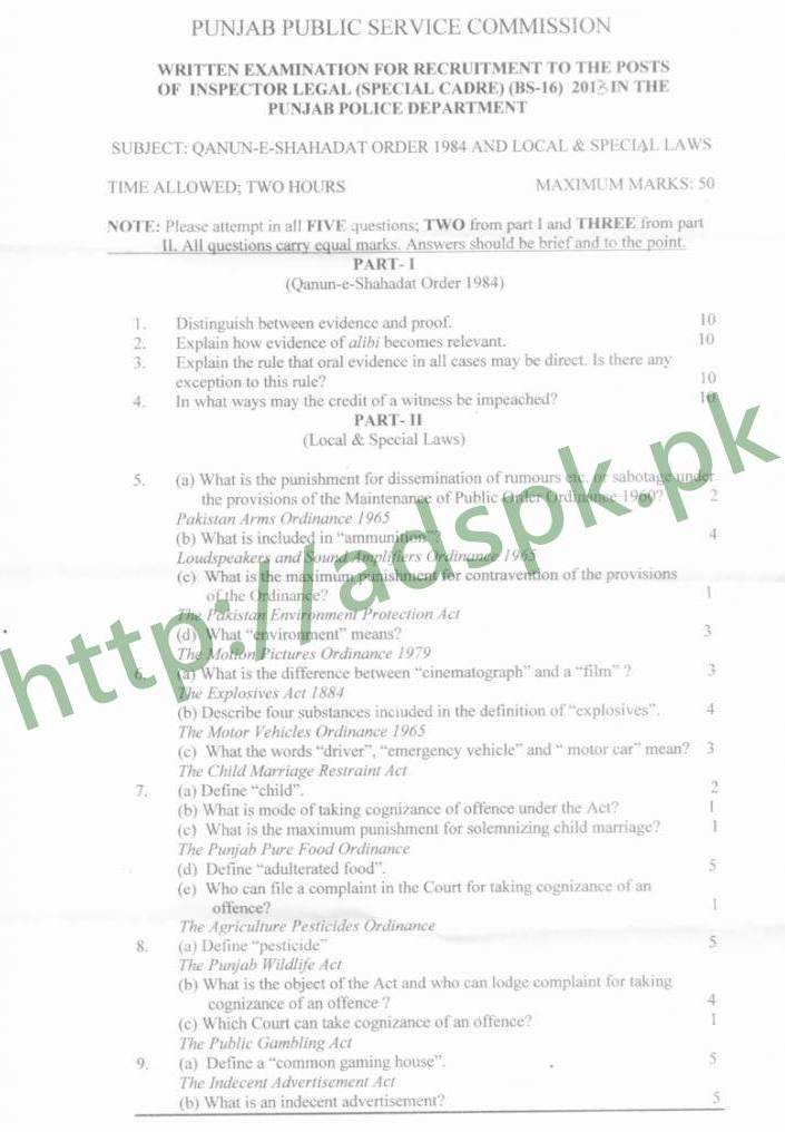 Inspector Legal Special Cadre Punjab Police Department PPSC Past Papers Local & Special Laws Qanun-e-Shahadat Order 1984 by PPSC