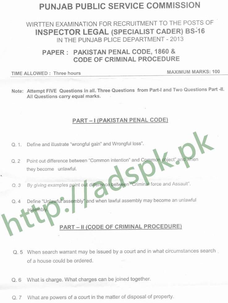 Inspector Legal Specialist Cadre Punjab Police Department PPSC Past Papers Criminal Code Procedure Pakistan Penal Code 1860 by PPSC