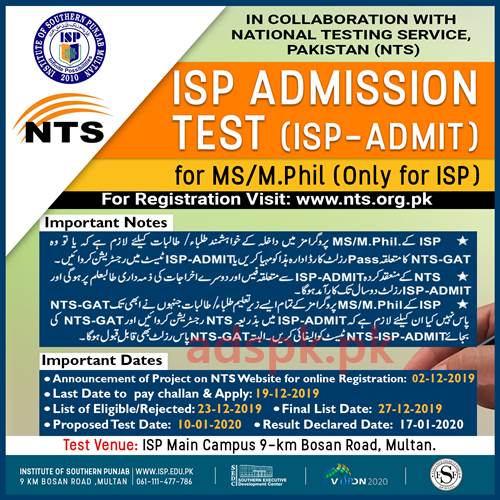 Institute of Southern Punjab (ISP) NTS Written Test MCQs Syllabus Paper for M.S M.Phil Admission Test Only for ISP Application Form Deadline 19-12-2019 Apply Online Now