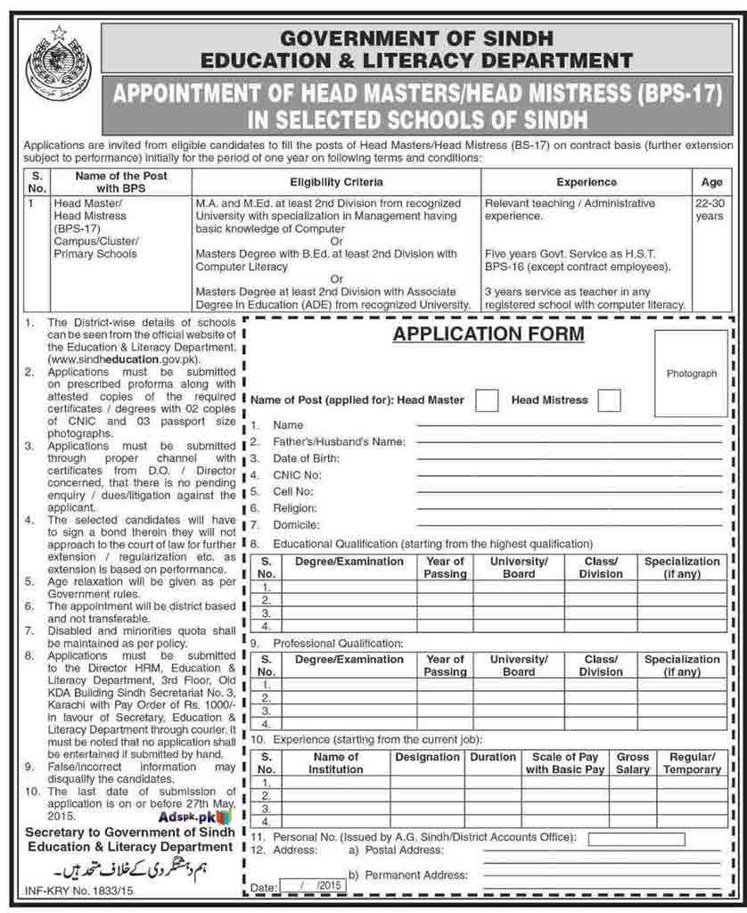 Job Opportunities in Education & Literacy Department Sindh for Head Masters, Head Mistress, Last Date 27-05-2015 Apply Now Sponsored by Daily Dawn Newspaper