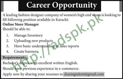 Jobs Fashion Designer Company Women’s High end Wears Karachi Jobs 2017 Online Store Manager Jobs Application Apply Online Now