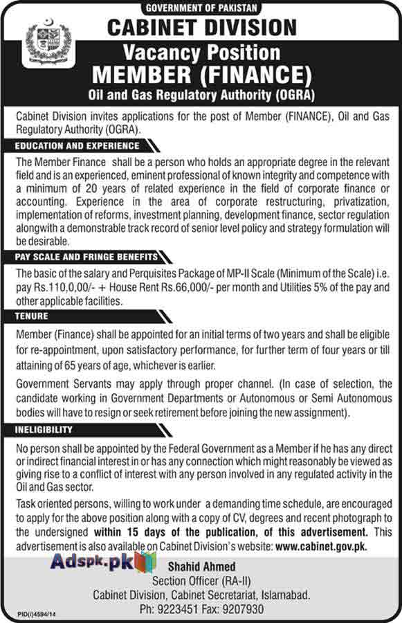 Jobs Open in Cabinet Division Islamabad Pakistan for Member Finance (OGRA) Last Date 26-03-2015 Apply Now