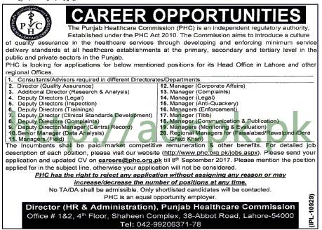 Jobs Punjab Healthcare Commission PHC Lahore Jobs 2017 Director Additional Director Deputy Directors Managers Jobs Application Deadline 08-09-2017 Apply Now