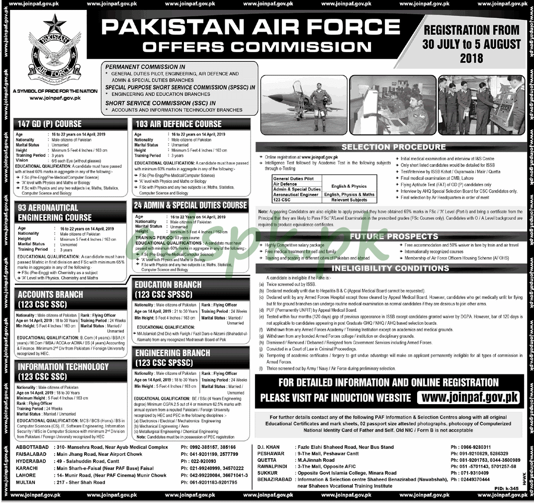 Join Pakistan Air Force Offers Commission 147 GDP 103 Air Defence Engineering Admin Account Education Branches Registration from 30-07-2018 to 05-08-2018 Apply Online Now