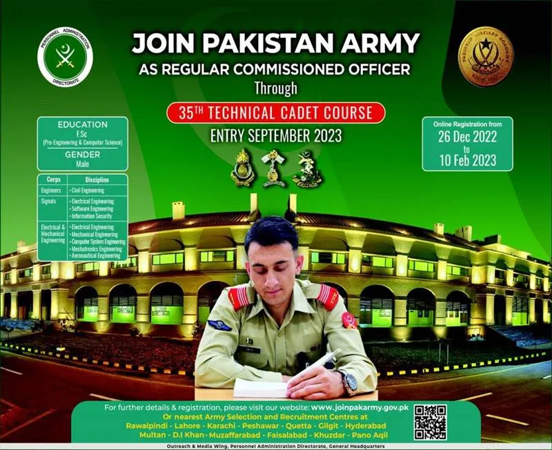 Join Pakistan Army as Regular Commissioned Officer through 35th Technical Cadet Course Entry September 2023 Last 10-02-2023 Apply Online Now