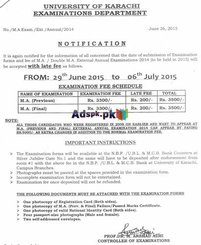 Karachi University M.A Double M.A External Examination 2014 Form and Fee Schedule Last Date 06-07-2015 Apply Now by Karachi University Pakistan