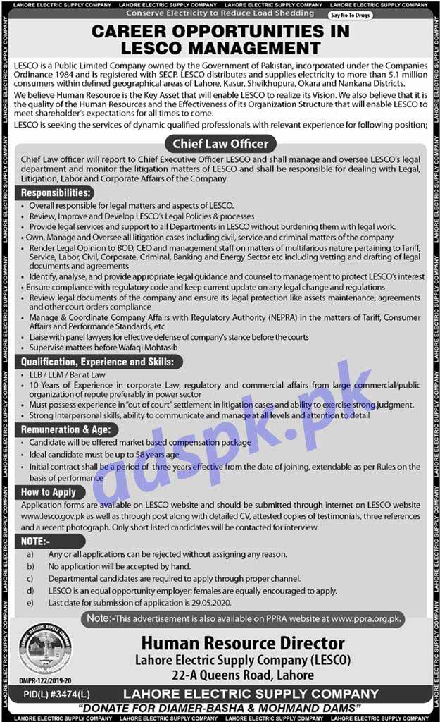 LESCO Lahore Electric Supply Company Lahore Jobs 2020 for Chief Law Officer Jobs Application Deadline 29-05-2020 Apply Now