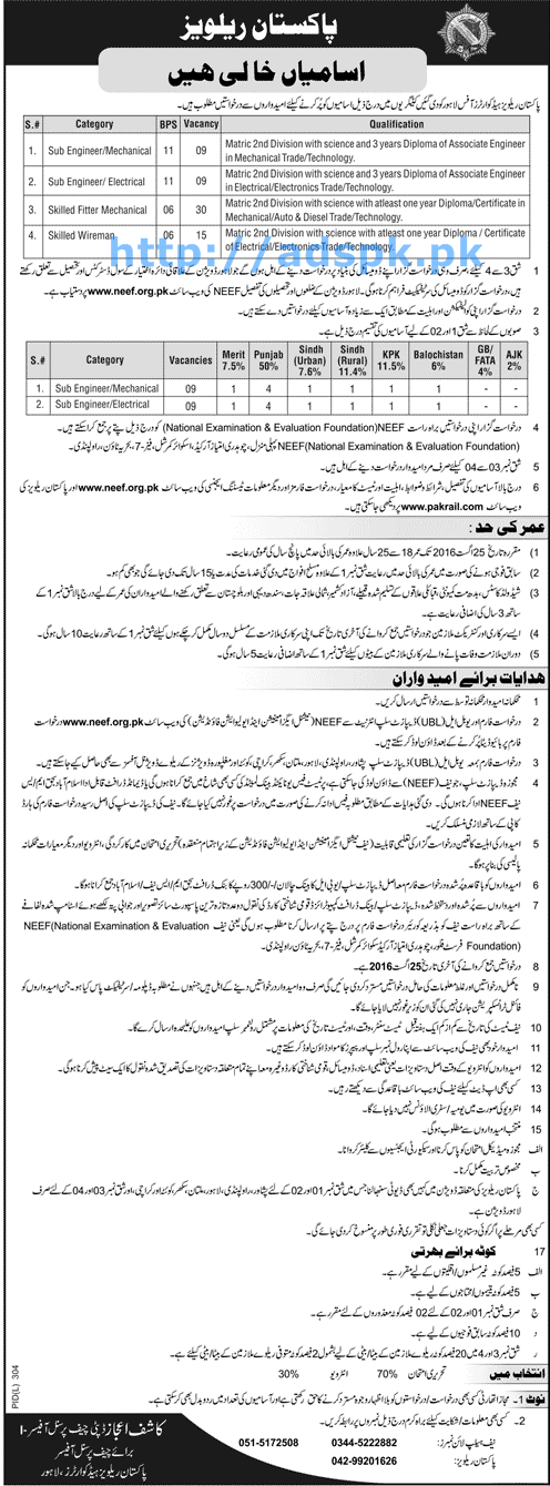 New Excellent Jobs Pakistan Railways Headquarters Lahore Jobs for BPS-06 & BPS-11 Sub Engineers (Electrical Mechanical) Skilled Fitter Mechanical Skilled Wireman Syllabus MCQs Written Test (NEEF) Applications Deadline 25-08-2016 Apply Now