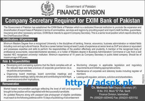 Latest Govt. Jobs of Finance Division Islamabad Jobs 2015 for Company Secretary Required for EXIM Bank of Pakistan Last Date 06-01-2016 Apply Now