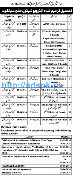 Latest Jobs Interview Schedule of Educators and AEOs District Sialkot Application Last Date 16-05-2016 Apply Now