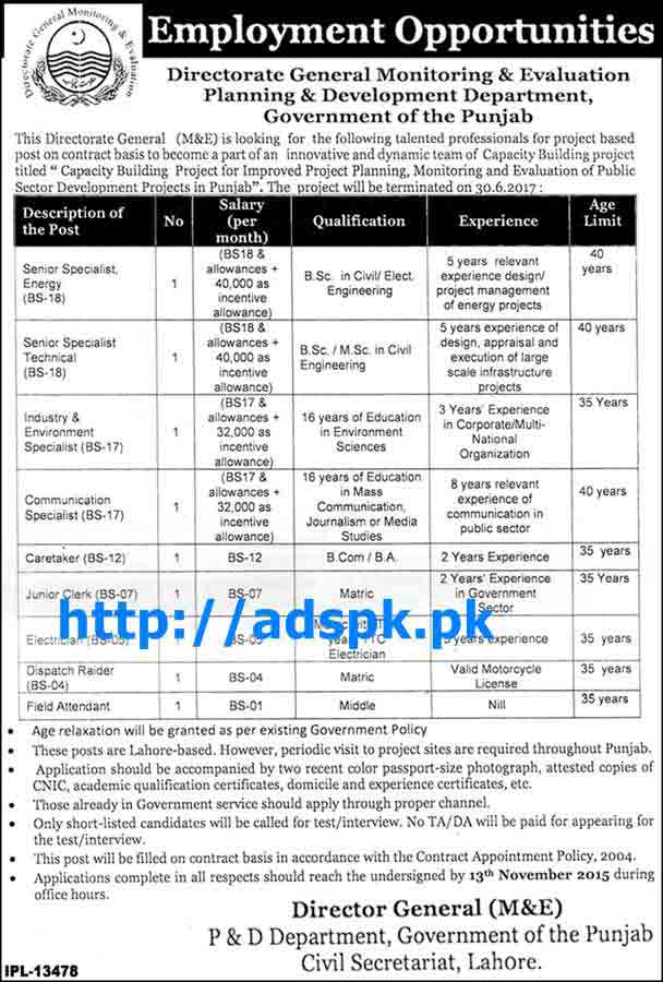 Latest Jobs of Directorate General (M&E) Jobs 2015 for Senior Specialists (Energy Technical Industry Environment Communication) Care Taker Junior Clerk Last Date 13-11-2015 Apply Now