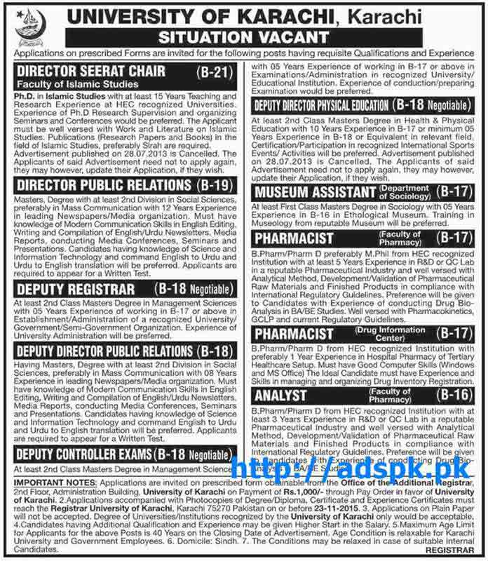 Latest Jobs of University of Karachi Jobs 2015 for Directors Deputy Registrar Pharmacist Analyst Last Date 23-11-2015 Apply Now