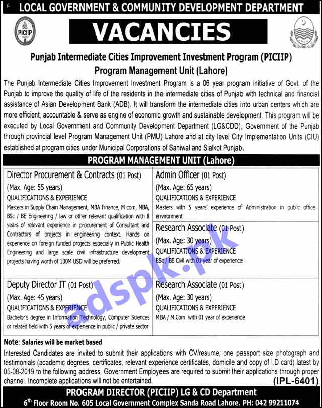 Local Government LG & CD Department Lahore Jobs 2019 for Director Procurement & Contracts Deputy Director IT Admin Officer Research Associates Jobs Application Deadline 05-08-2019 Apply Now