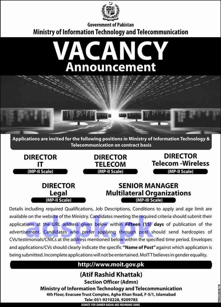Ministry of Information Technology & Telecommunication Islamabad Jobs 2019 for Directors IT Telecom Wireless Legal Senior Manager Multilateral Organizations Jobs Application Deadline 07-01-2019 Apply Now