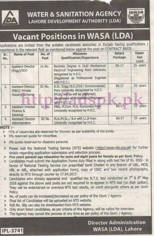 NTS New Career Excellent Jobs Water & Sanitation Agency (WASA) Lahore Development Authority (LDA) Jobs Written Test MCQs Syllabus Paper for Assistant Director (Engineering/ SDO (P&D)/ Private Housing Scheme (Finance & Revenue) (Administration) Jobs Application Form Deadline 17-04-2017 Apply Now by NTS Pakistan