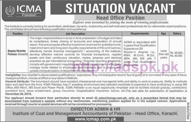 New Career Excellent Jobs ICMA Institute of Cost and Management Accountants of Pakistan Head Office Karachi Jobs for Deputy Director Finance Application Form Deadline 05-11-2016 Apply Online Now