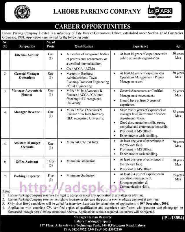 New Career Excellent Jobs Lahore Parking Company Limited City District Govt. Lahore Jobs for Internal Auditor GM Operation Managers Assistant Manager Office Assistant Application Deadline 10-12-2016 Apply Now