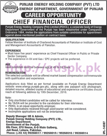 New Career Excellent Jobs Punjab Energy Holding Company Pvt. Ltd Energy Department Punjab Govt. Lahore Jobs for Chief Financial Officer Application Deadline 19-12-2016 Apply Now