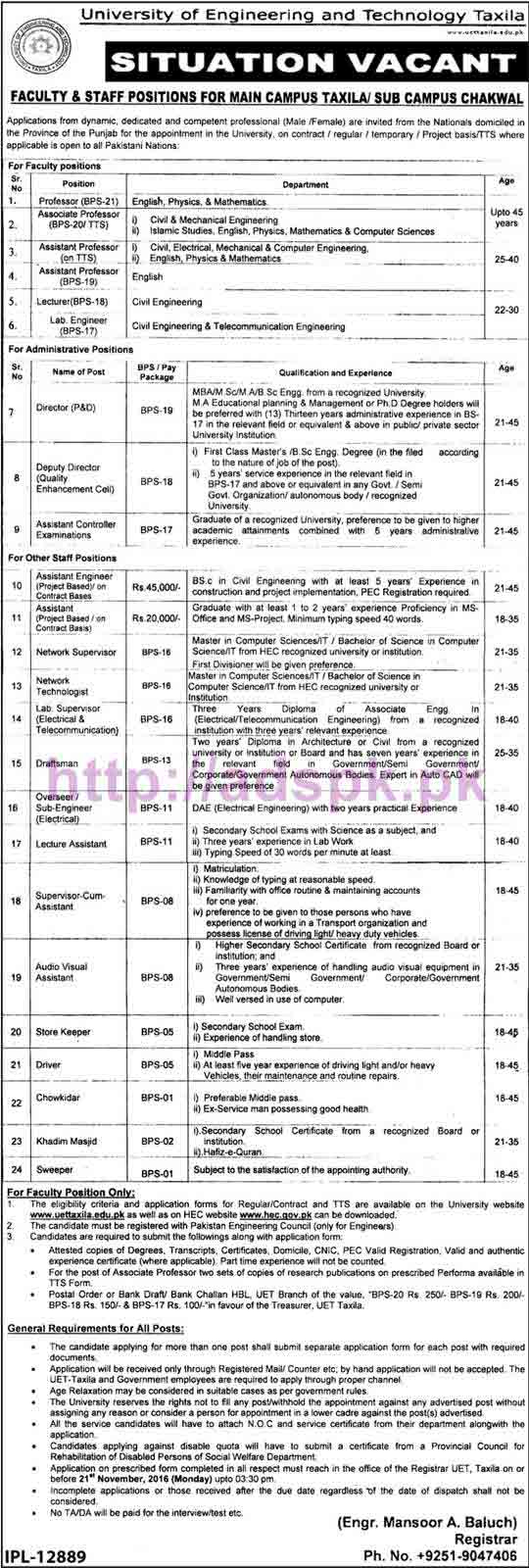 New Career Excellent Jobs UET Taxila Main Campus and Sub Campus Chakwal Jobs for Professors Lecturer Director (P&D) Deputy Director Assistant Engineer and Other Staff Application Deadline 21-11-2016 Apply Now