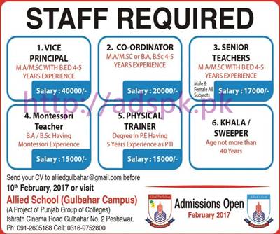 New Career Jobs Allied School (Gulbahar Campus) Peshawar KPK Jobs for Vice Principal Coordinator and Teaching Staff Application Deadline 10-02-2017 Apply Now