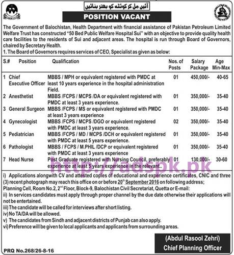 New Career Jobs Govt. of Balochistan Health Department with Pakistan Petroleum Limited Welfare Trust Jobs for Chief Executive Officer Specialist Medical Doctors Head Nurse (Excellent Pay Package) Application Deadline 20-09-2016 Apply Now