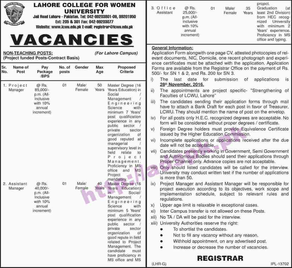New Career Jobs Lahore College for Women University Lahore Campus Project funded Jobs for Project Manager Assistant Manager Office Assistant Application Deadline 28-11-2016 Apply Now
