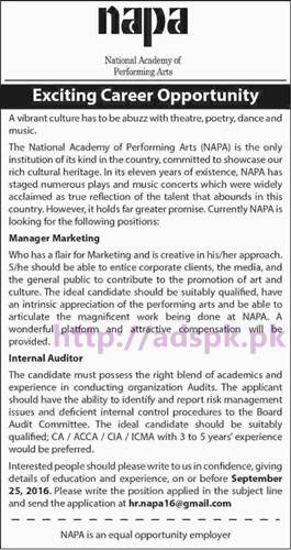 New Career Jobs National Academy of Performing Arts NAPA Jobs for Manager Marketing and Internal Auditor Application Deadline 25-09-2016 Apply Online Now