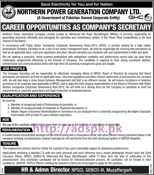 New Career Jobs Northern Power Generation Company Ltd GENCO-III Muzaffargarh Jobs for Company Secretary Application Deadline 02-10-2016 Apply Now
