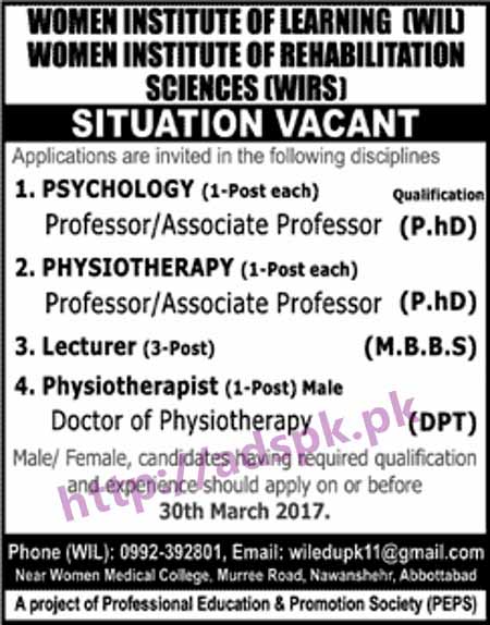 New Career Jobs Women Institute of Learning & Rehabilitation Sciences (WIL & WIRS) Abbottabad KPK Jobs for Professors Psychology Physiotherapy Lecturers Physiotherapist DPT Application Deadline 30-03-2017 Apply Now