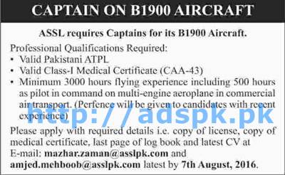 New Excellent Aircraft Sales & Services Pvt. Limited ASSL Pakistan Jobs for Captain on B1900 Aircraft Applications Deadline 07-08-2016 Apply Online Now