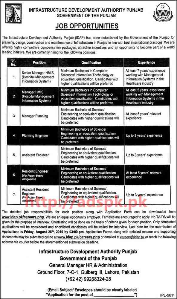 New Excellent Career Jobs Infrastructure Development Authority Punjab Govt. Lahore Jobs for Senior Manager HMIS Manager Planning Engineers Application Deadline 26-08-2016 Apply Now