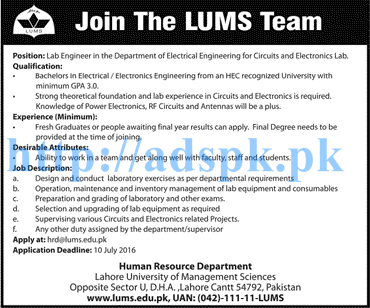 New Excellent Jobs Lahore University of Management Sciences LUMS Jobs for Lab Engineer Applications Deadline 10-07-2016 Apply Now