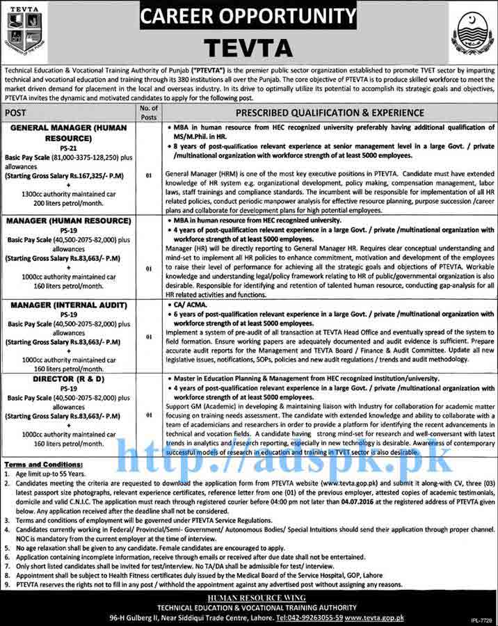 New Excellent Jobs TEVTA Punjab (PTEVTA) Lahore Jobs for General Manager (Human Resource) Managers (HR Internal Audit) Director (R&D) Applications Deadline 04-07-2016 Apply Now