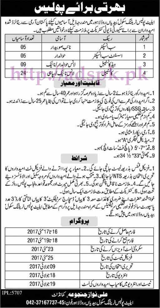 New Jobs Recruitment in Punjab Police Elite Police Training School Bedian Road Lahore Jobs 2017 for Sub Inspector ASI Constable Head Constable Jobs Application Form Deadline 19-05-2017 Written Test through NTS with Complete Details Apply Now