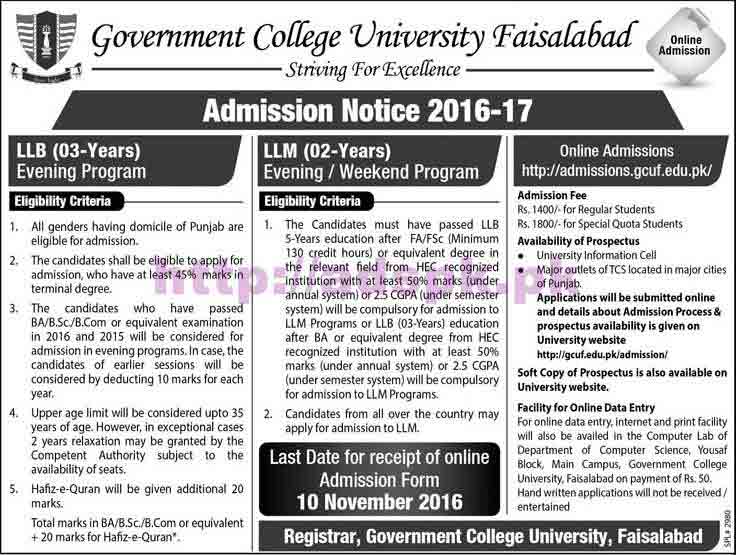 New Online Admissions Open GCUF Faisalabad 2016-2017 for LLB (03 Years) LLM (02 Years) Application Form Deadline 10-11-2016 Apply Online Now