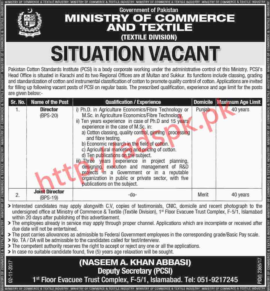Pakistan Cotton Standards Institute PCSI Textile Division Islamabad Jobs 2017 Director Joint Director Jobs Application Deadline 22-11-2017 Apply Now