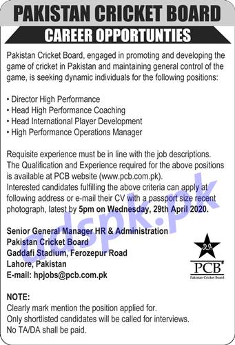 Pakistan Cricket Board Lahore PCB Jobs 2020 for Director High Performance Head High Performance Coaching Jobs Application Deadline 29-04-2020 Apply Now